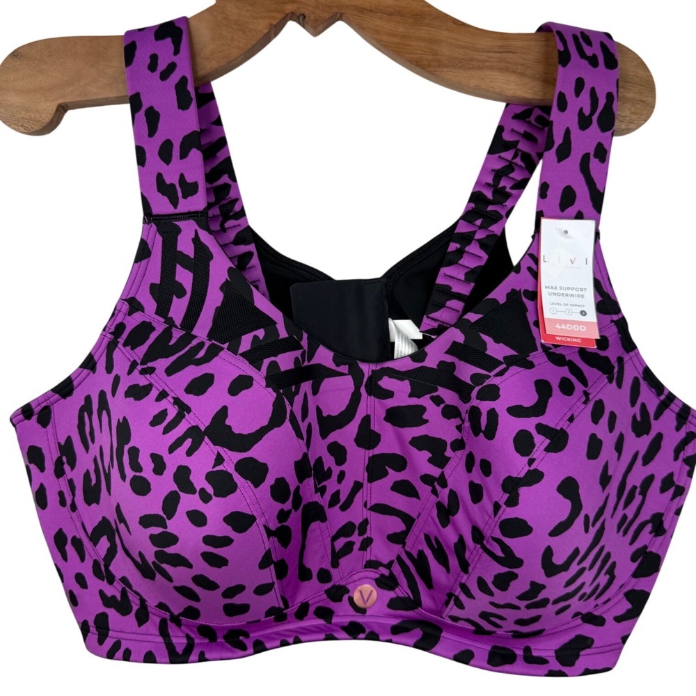 LIVI Active Lane Bryant Max Support Underwire Sports Bra Purple Leopard 44DDD